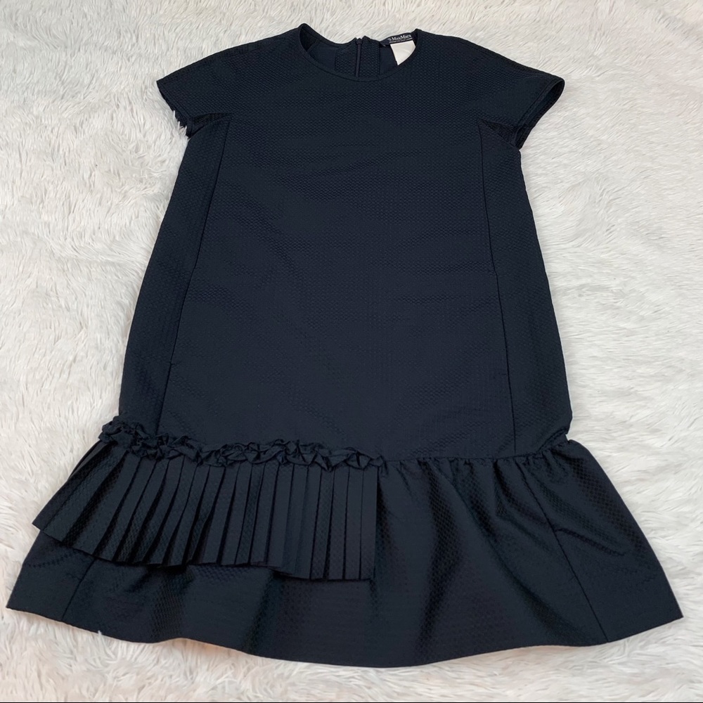 'S Max Mara short sleeve ruffle pleated jacquard Shift Dress in Navy blue - Picture 3 of 13